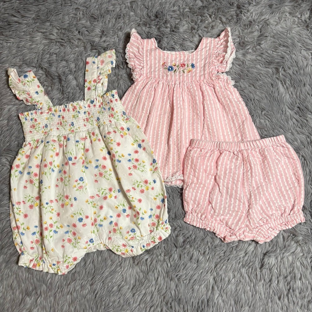Little Me Smocked Embroidered 3 Piece Set Floral Stripes Baby Girl 12 Months